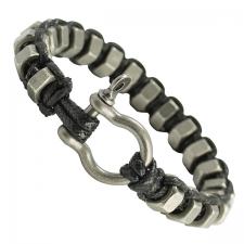 Stainless Steel links and Black Leather bracelet with Pin Clasp