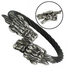 Black Stainless Steel Cable Bangle with Double Dragon Heads