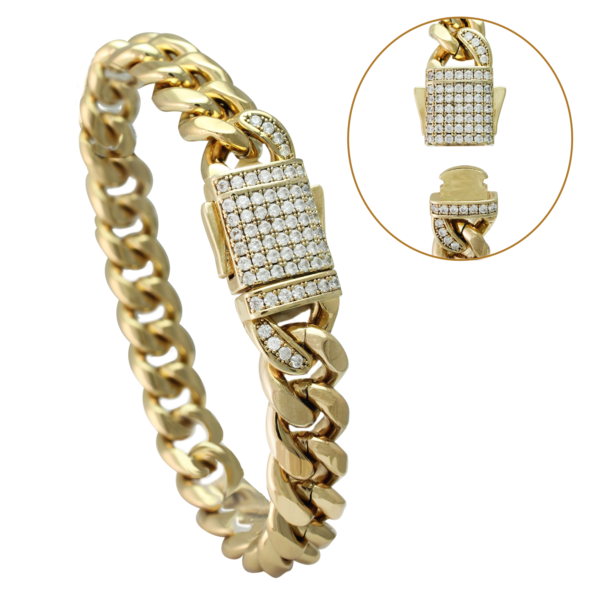 Stainless Steel Gold PVD Cuban Link Bracelet with CZ Stones