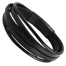 Black Leather Bracelet with Engravable Bar and Magnetic Clasp