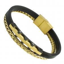 Black Leather Bracelet with Gold PVD wheat Link and Magnetic lock