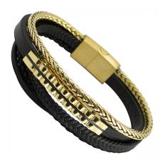 Triple Black Leather Bracelet with Gold PVD Steel Bar and Wheat Chain
