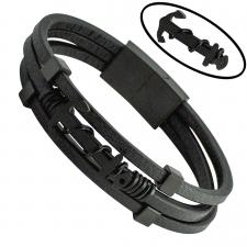 Black Leather Bracelet with Black Anchor and Magnetic lock
