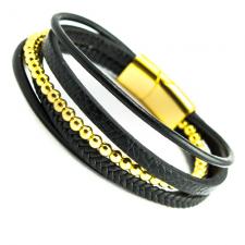 Black Leather Multi Strand Bracelet w/ Stainless Steel Closure w/ Gold Beads
