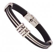 Black Leather Bracelet with Stainless Steel Cables