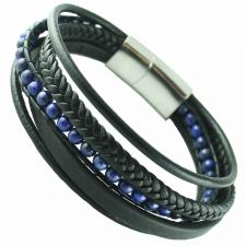 Multi-String Leather & S.Steel Bracelet W/ Blue Macrame Beads