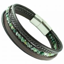 Multi-String Leather & S.Steel Bracelet W/ Green Jade Macrame Beads
