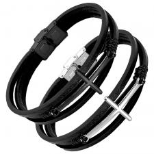Multi String Leather w/  Stainless Steel Sideways Cross Bracelet