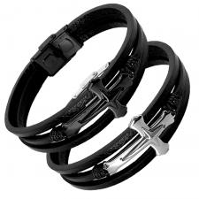 Multi String Leather w/  Stainless Steel Sideways Cross Bracelet