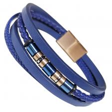 Blue Multi String Leather Bracelet With Rose Gold Accents