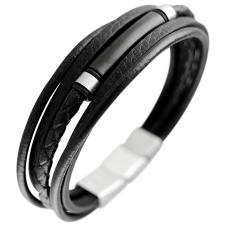 Leather Multi Strand Bracelet w/ Stainless Steel Closure & Centered Black Barrel Accent