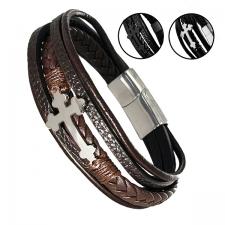 Leather Multi String Bracelet with Steel Cross Charm