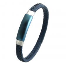 Blue Braided Leather Bracelet with Plain ID Center Piece