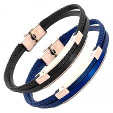 Multi-String Leather & Rose Gold  Stainless Steel Bracelet W/ Accent
