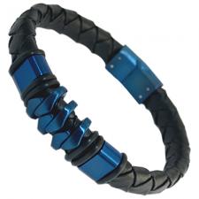 Black Braided Leather Bracelet w/ Blue Stainless Steel  Design