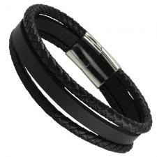Black Leather Double Braided Bracelet with Magnetic Clasp