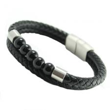 Black Multi String Braided  Leather & Stainless Steel Bracelet w/  Onyx Color Beads