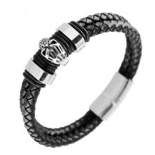 Braided Leather Bracelet with Skull Charm in Stainless Steel
