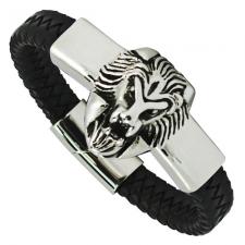 Black Leather Braided Lion Bracelet with Magnetic Closure