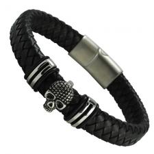 Leather Bracelet with Skull Charm and Magnetic Clasp  