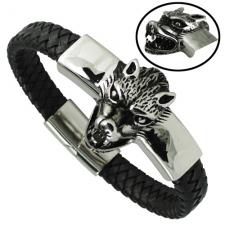 Black Braided Leather Bracelet with Stainless Steel Wolf Head