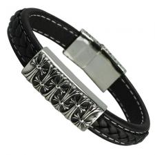 Black Leather Bracelet with Cross Steel Bar and Magnetic Clasp