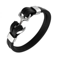 Double Stranded Black Leather Bracelet with Steel Anchor Clasp
