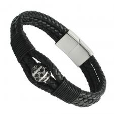 Braided Leather & Stainless Steel Relief with Rhinestone Design Bracelet