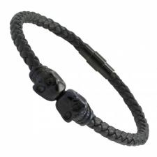 Black Braided Leather Bracelet with Skulls