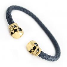Black Leather Bracelet with Gold PVD Skulls