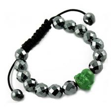 Tibetan Macrame Bracelet with Diamond Cut Hematite and Green Buddha Beads 