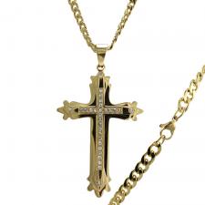 Stainless Steel Gold PVD Large Cz Cross Pendant w/ Chain