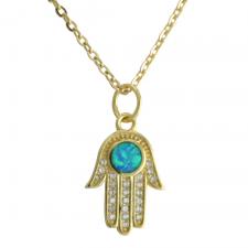 Stainless Steel Gold PVD CZ & Faux Opal Hamsa Necklace