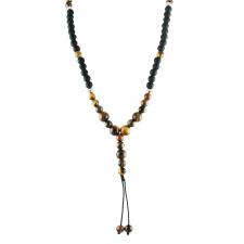 Tiger Eye W/ Black Beads & S. Steel Accents Long Necklace