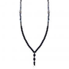 Long Beaded Necklace With  Black, Denim Blue & Stainless Steel Bead Accents 