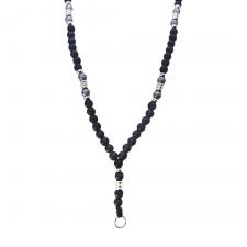 Long Beaded Necklace With  Black & Stainless Steel Bead Accents 