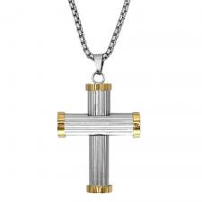 Stainless Steel Box Chain Necklace with Two Tone Barril Cross