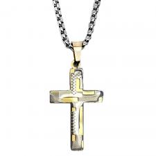 Stainless Steel Box Chain Necklace with Two Tone Tetris Cross