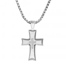 Stainless Steel Chain with Jeweled CZ Cross Pendant