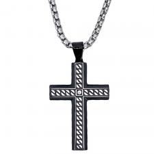Stainless Steel Chain With Two Toned Black Cross Pendant