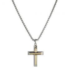 Stainless Steel Box Chain Necklace with Two Tone Double Cross