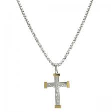 Stainless Steel Box Chain Necklace with Two Tone Cross