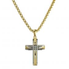 Stainless Steel Gold PVD Rolo Chain with Two Tone Modern Cross