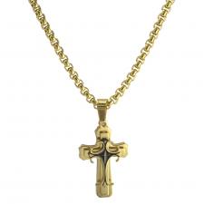 Stainless Steel Gold PVD Rolo Chain with Black and Gold PVD Double Cross