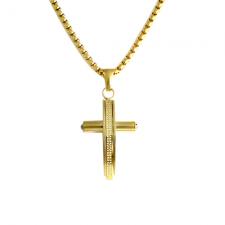 Stainless Steel Gold PVD Small Cross Pendant W/ Chain
