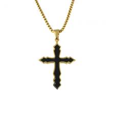Stainless Steel Gold PVD Black Enamel Cross Pendant w/ Chain