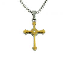 Stainless Steel Two Tone Cross Pendant w/ CZ & Chain