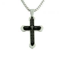 Stainless Steel Two Tone Cross w/ Padre Nuestro Prayer Pendant & Chain