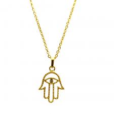 Stainless Steel Link Necklace with Hamsa Judaica Symbol Charm with stone