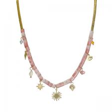 Stainless Steel Gold Chain with Light Pink Beads with Charms